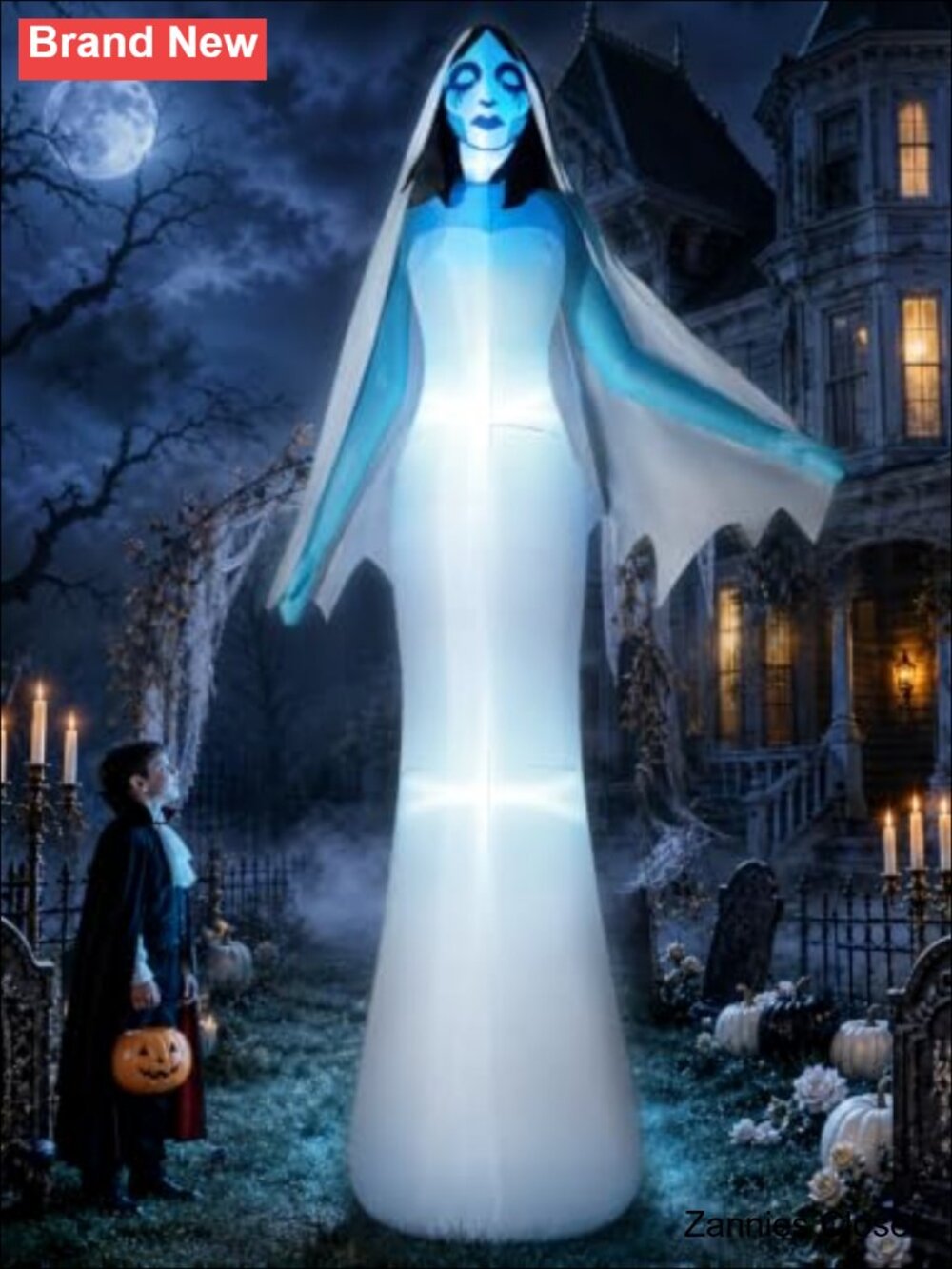 👻 12FT Giant Halloween Inflatable Ghost Bride Full-Body Blue LEDs Yard Decor
